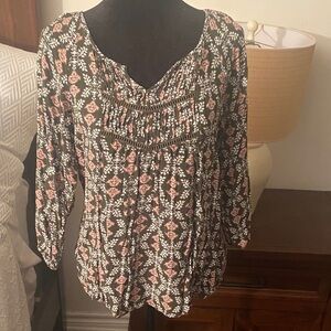 Mossimo Supply Co. Black Floral Boho Blouse with Pink and Cream Accents